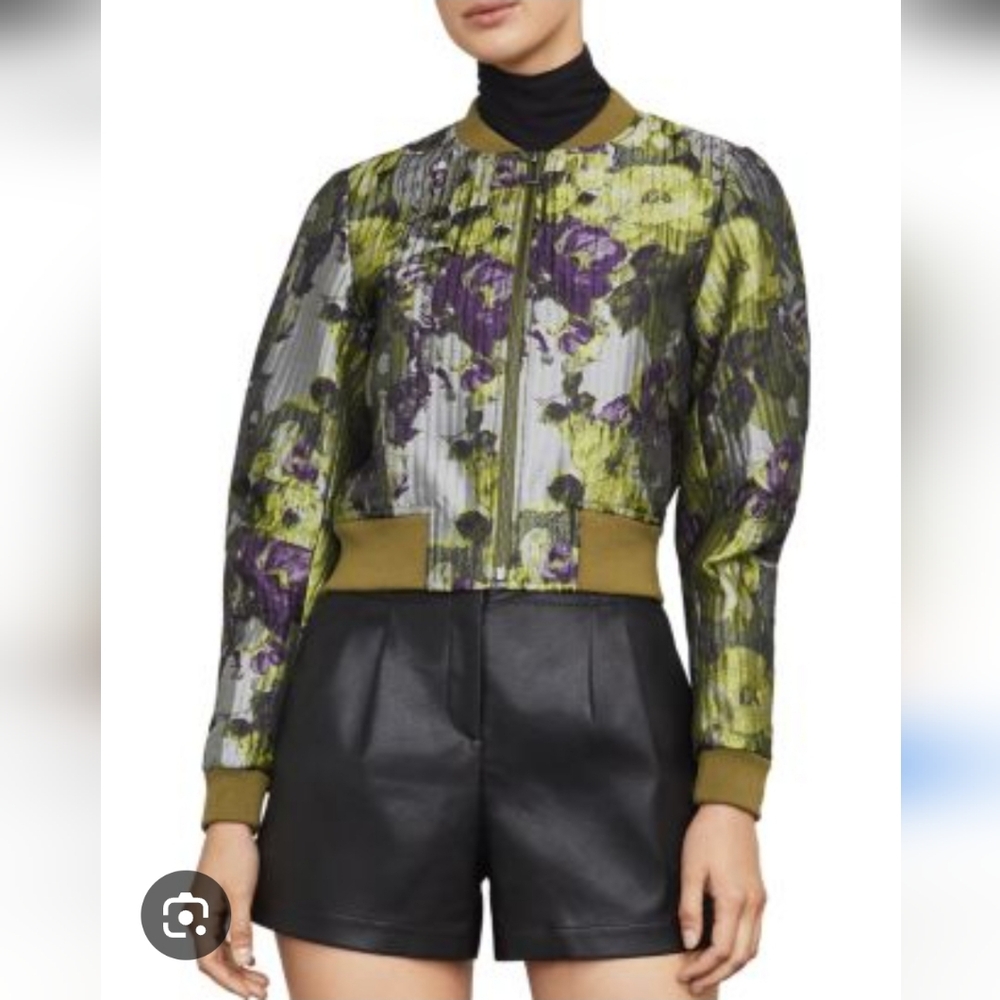 BCBGMaxAzria Colin Floral Bomber Jacket  Green  Purple